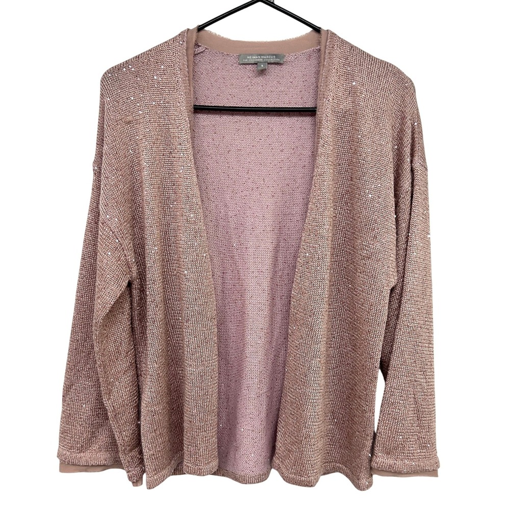 Silk Cashmere Sequin Cardigan S Blush Pink Open Front Balletcore Quiet Luxury